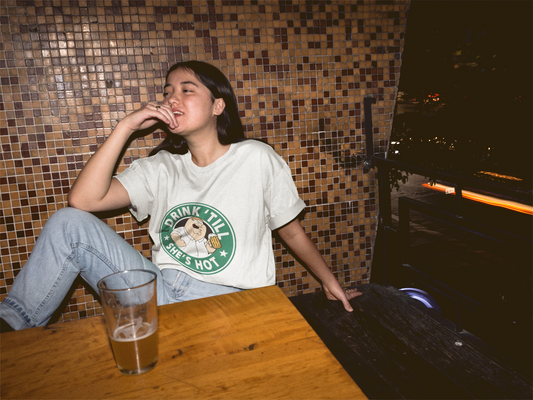 DRINK TIL SHE'S HOT French Terry Cotton White/Black Oversized T-Shirt